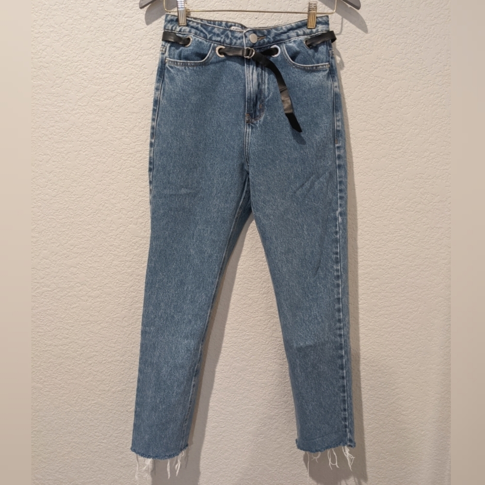 Bluesteel Denim grommet belted high waist mom jeans